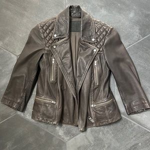 AllSaints leather cropped cargo biker jacket